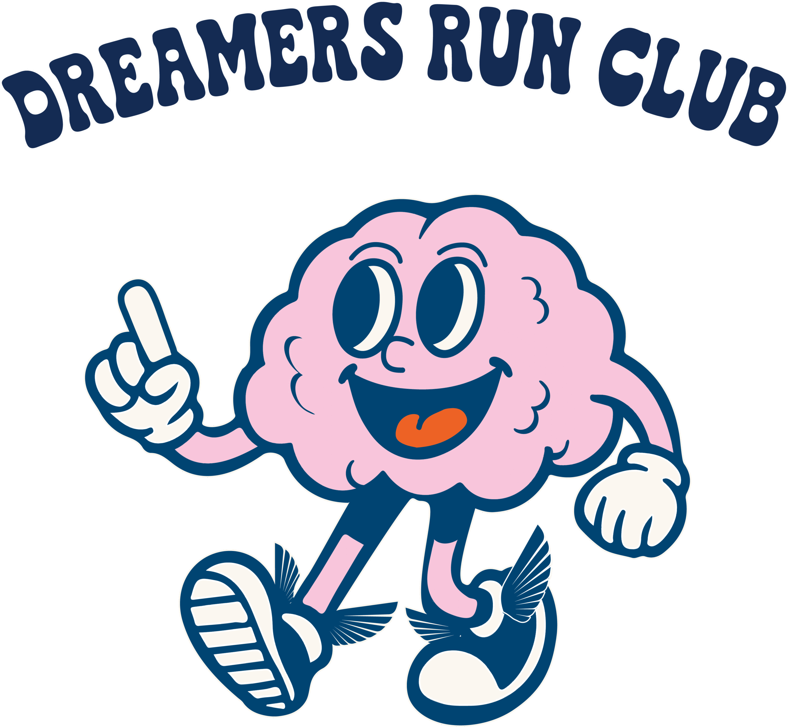 Logo for Dreamers Run Club with curved navy text above a cheerful pink cloud character pointing upward.