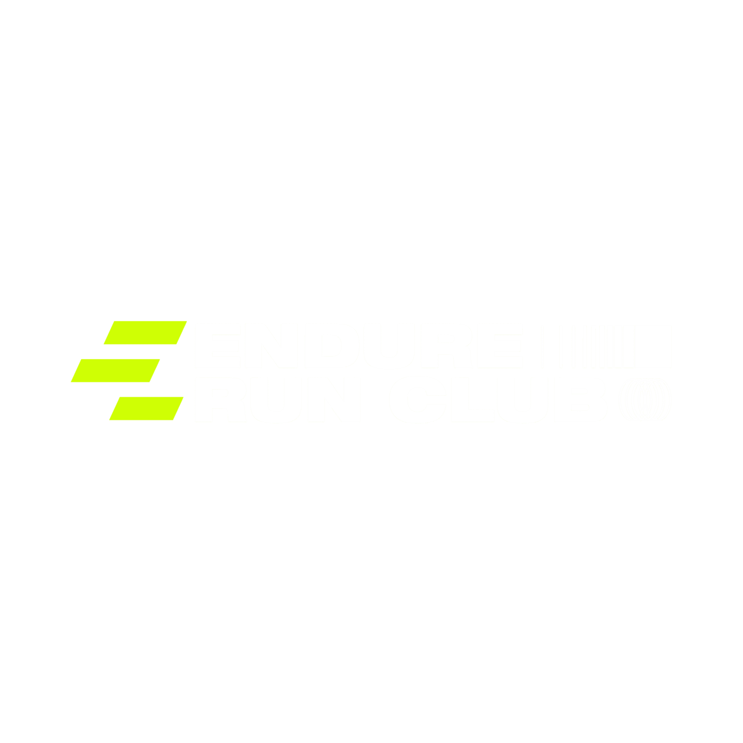 Endure Run Club logo: bold white text with neon lime slashes on a black background and a barcode motif to the right